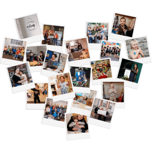 collage of polaroids of families and children all laid out in the shape of a heart